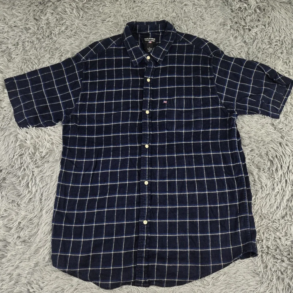 Polo Jeans Ralph Lauren‎ Mens XL Blue Plaid Cotton Blend S/S Button Front Shirt
